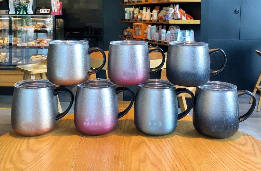 Metallic Mugs with Handles and Lids